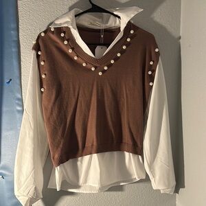 Brown Pearl-Embellished Sweater Vest with White Shirt